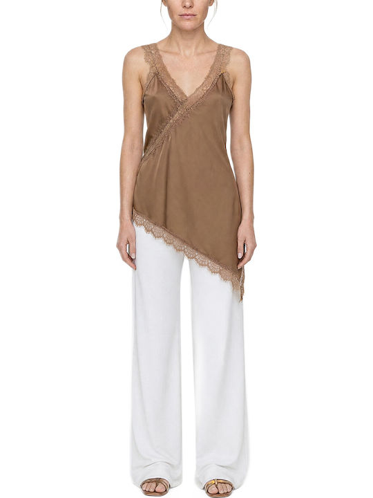Women's Satin Lingerie Top with Lace Beige