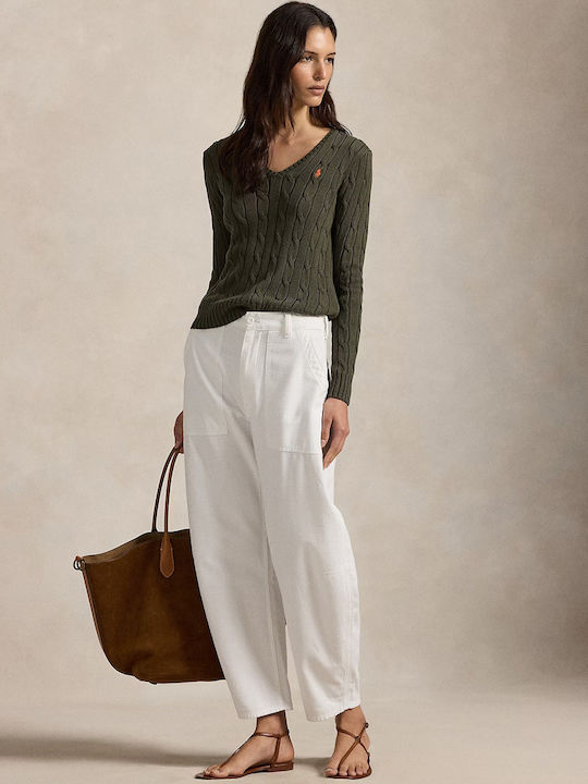 Women's Long Sleeve Cotton Sweater with V Neckline Green/Khaki