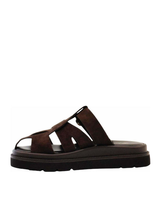 Leather Women's Flat Sandals Brown