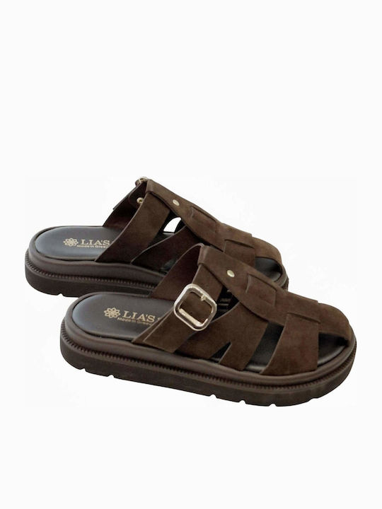Leather Women's Flat Sandals Brown