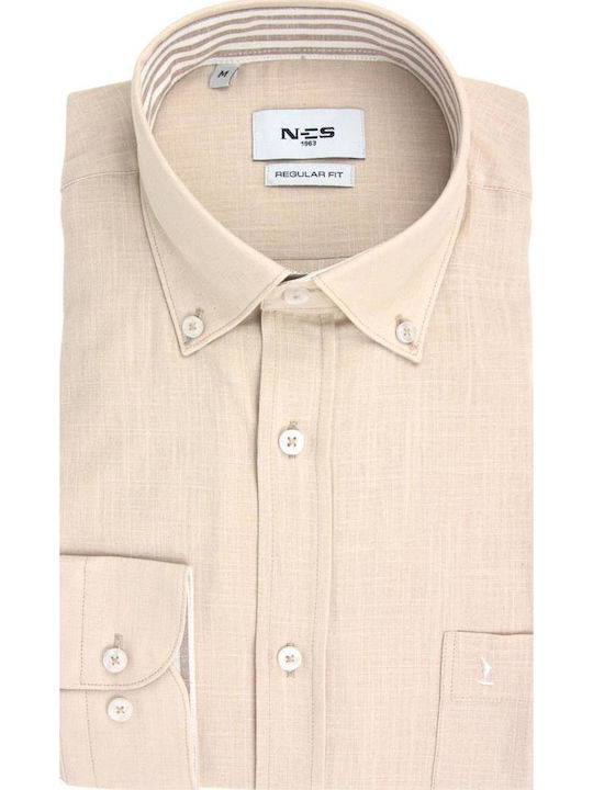 Long Sleeve Linen Shirt in Regular Fit Striped Beige