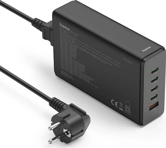 HAMA GaN Charging Station with USB-A Port and 4 USB-C Output Ports 240W Power Delivery / Quick Charge 3.0 in Black