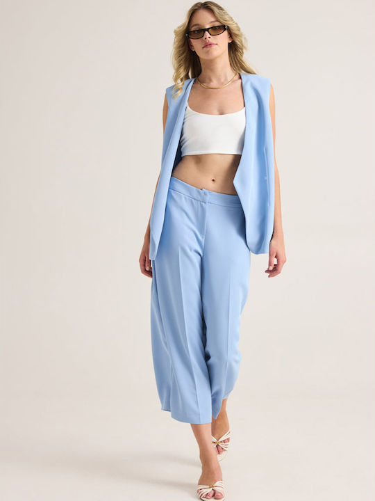 Women's High Waist Zip Culottes with Rubber Band Light Blue