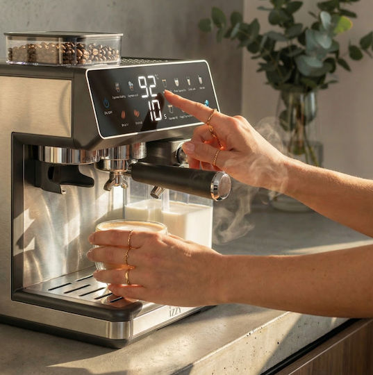 Izzy IZ-6028 Αυτόματη Μηχανή Espresso 1450W Πίεσης 20bar για Cappuccino με Μύλο Άλεσης Ασημί 225253