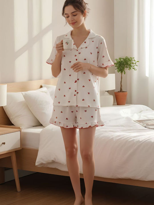 Asel Summer Women's Pajama Set Ecru-Red