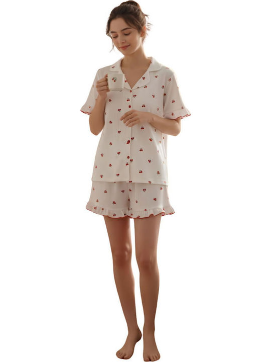Asel Summer Women's Pajama Set Ecru-Red
