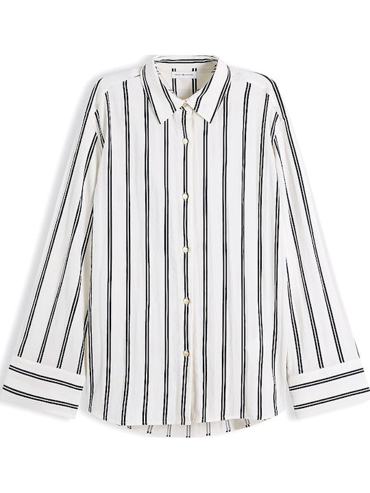Long Sleeve Women's Shirt Ecru-Blue Striped
