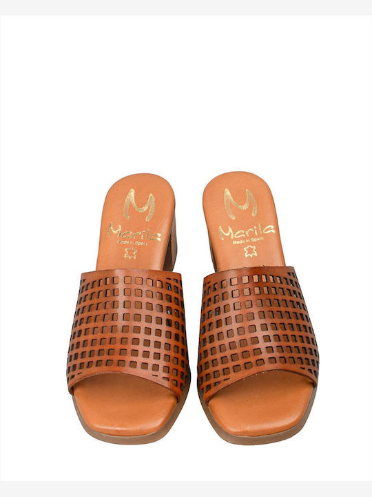 Mules With Heel In Tabac Brown Colour