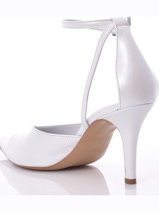 Leather Pointed Toe Heels with Stiletto Heel & Strap White