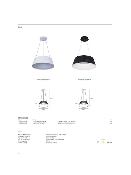 VK Lighting Κρεμαστό Φωτιστικό Μαύρο LED με Θερμό Λευκό Φως