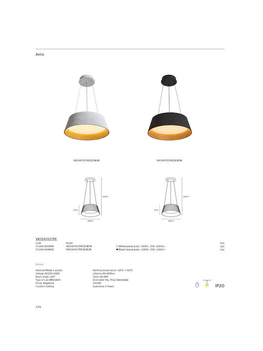 VK Lighting White LED Pendant Ceiling Light with Warm White Light
