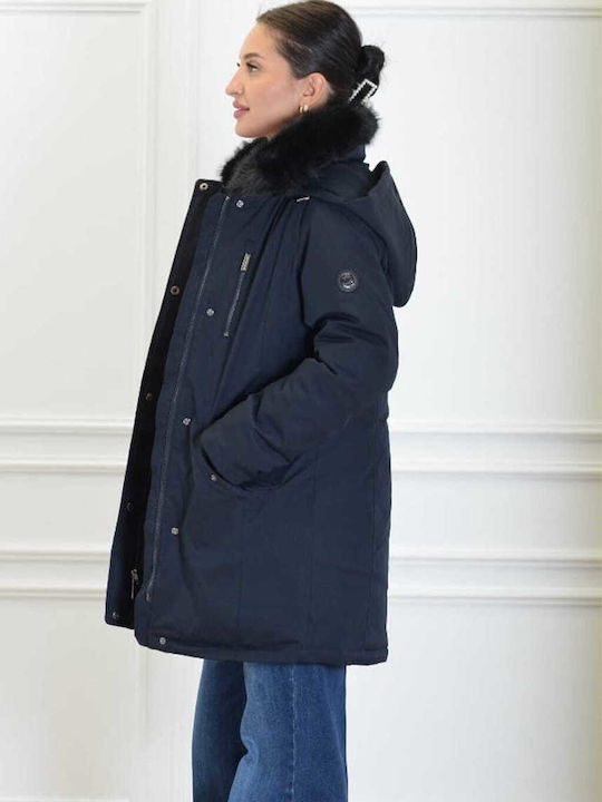 Long Women's Puffer Jacket with Furry Hood for Winter Blue