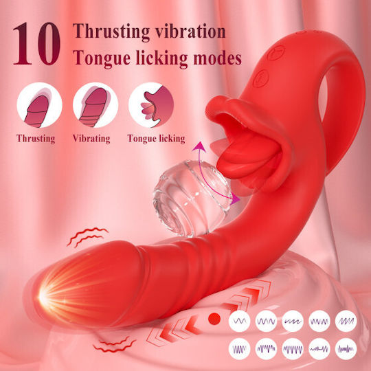 Smd Double Trouble Thruster Clitoral Licking & G-spot Thrusting Vibrator Διπλός Δονητής 10 Licking & Thrusting Modes Red