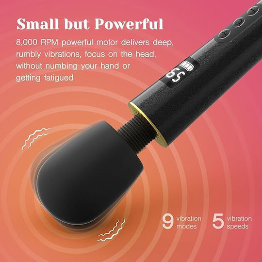 Smd Black Magic Wand Vibrator Aσύρματος Κλειτοριδικός Δονητής 9 Vibration Modes & 5 Speeds Lcd Display 26 Cm Black