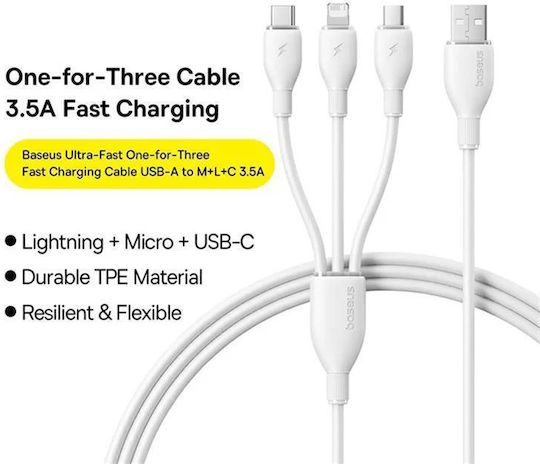 Ultra-fast One-to-three Изтеглящ Се Захранващ И Данни Кабел Usb Към Micro-usb Lightning Usb Type-c 3.5a 1.3m Бял
