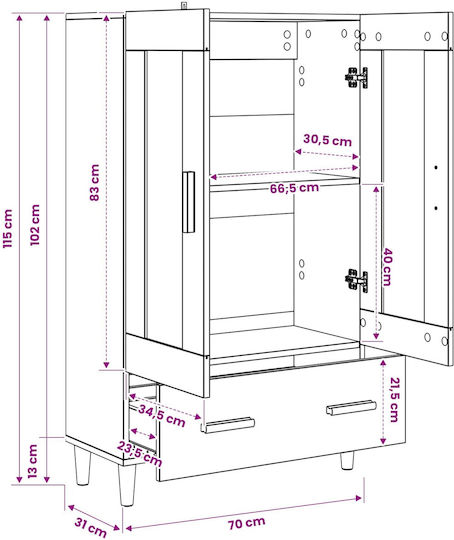 Living Room Display Cabinet Made of Wood and Metal with Glass Oak 70x31x115cm