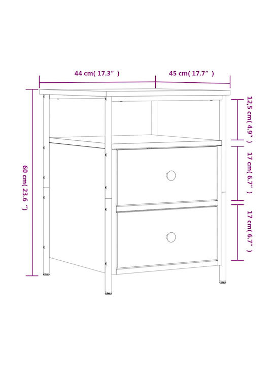 Wooden Bedside Table with Metal Legs Grey 44x45x60cm
