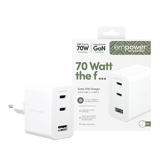 Empower by PanzerGlass Charger Without Cable with USB-A Port and 2 USB-C Ports 70W Power Delivery Whites (Empower)