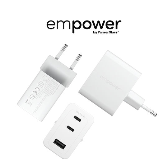 Empower by PanzerGlass Charger Without Cable with USB-A Port and 2 USB-C Ports 70W Power Delivery Whites (Empower)