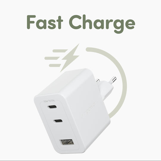 Empower by PanzerGlass Charger Without Cable with USB-A Port and 2 USB-C Ports 70W Power Delivery Whites (Empower)