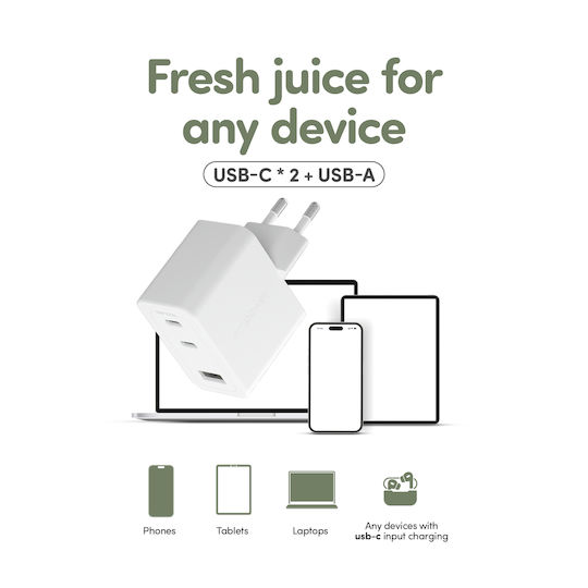 Empower by PanzerGlass Charger Without Cable with USB-A Port and 2 USB-C Ports 70W Power Delivery Whites (Empower)