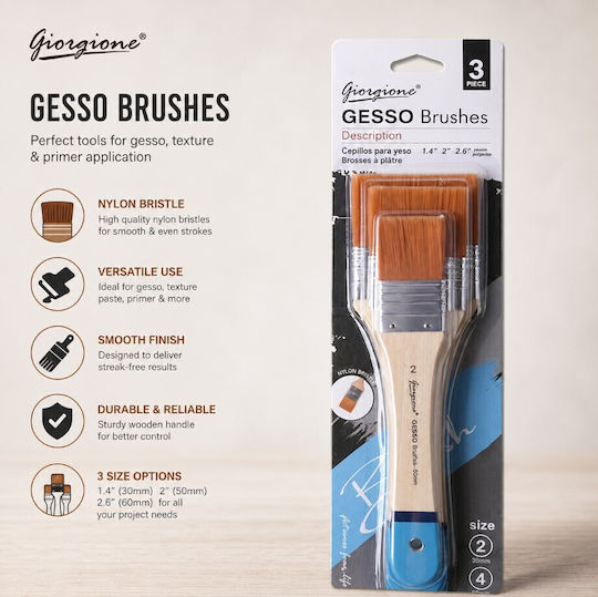 Roza Set of Art Brushes Gesso 3pcs 35mm 50mm 65mm Nylon Hair Primer Acrylics & Texture Paste