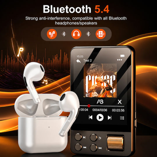 Mp3 Player Ecran Tactil 2.4 Inch Bluetooth 5.4 64gb Suportă Card 512gb Hifi Radio Fm Reportofon Usb-c Căști Negre