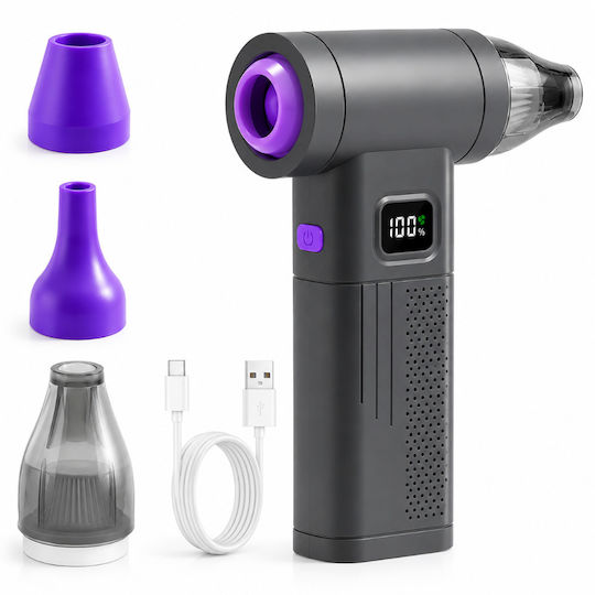 Suflantă De Aer Comprimat 2 În 1 150000 Rotații Pe Minut Aspirație Suflare 5 Niveluri Ecran Digital Led Usb-c 3 Duze Gri
