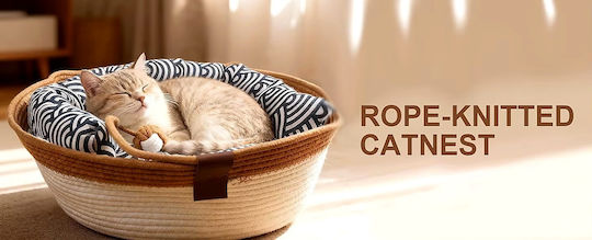Cat and Small Dog Nest Knitted Natural Rope Summer Ventilated Bed Toy Ball M46xW46xH16cm White Grey
