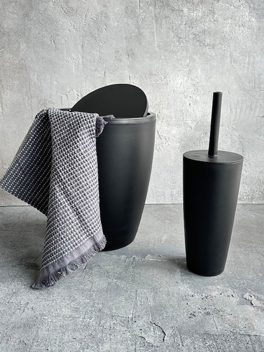 SteweHome Plastic Bathroom Brush and Trash Can Set Black