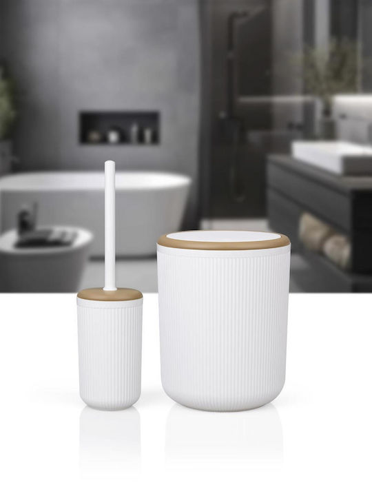 SteweHome Plastic Bathroom Brush and Trash Can Set White