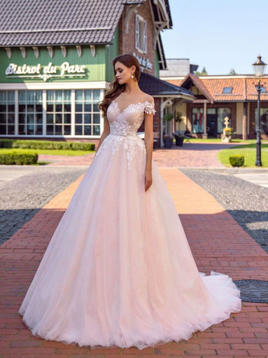 Maxi Brautkleid mit Spitze & Masche Beige-Rosa