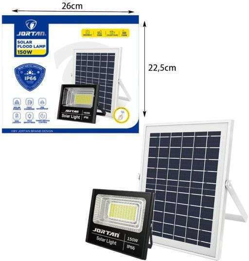 Jortan Στεγανός Ηλιακός Προβολέας LED 150W Ψυχρό Λευκό 6500K με Φωτοκύτταρο και Τηλεχειριστήριο IP66