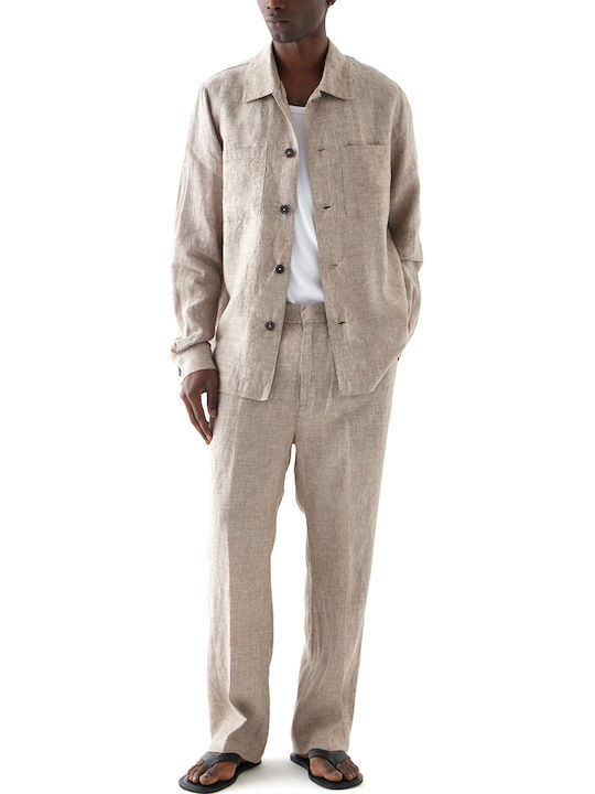Long Sleeve Linen Overshirt in Regular Fit Beige