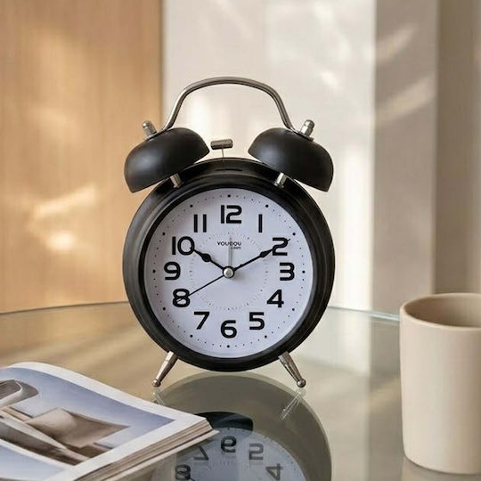 Avizar Analog Table Clock Bedroom Double Bell Elegant Black