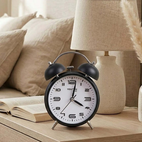 Avizar Table Clock 12cm Bedroom Round Format Double Bell Elegant Black