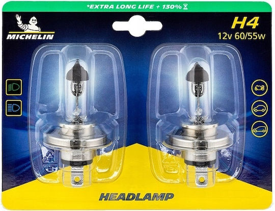 H4 60/55w 12v Michelin Bulbs Extra Long Life +130% P43t Duo Box 2 Pcs