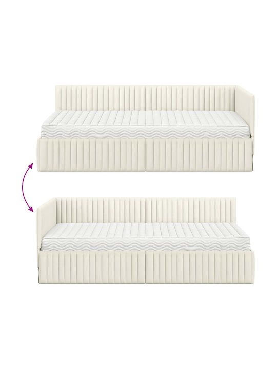 Canapea Pat Single Tapițat Cu Catifea Crem Cu Plăci Și Saltea 90x200cm