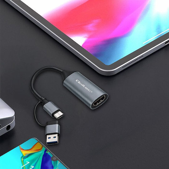 Qoltec Convector USB-A / USB-C Masculin În HDMI Feminin