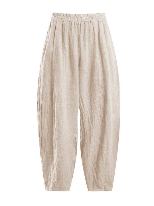 Celestino Women's Linen Barrel Loose Fit Beige Trousers
