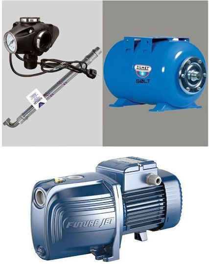 Pedrollo MONTAGE JSWm 2AX + Einphasig Wasserdruckpumpe mit Horizontal Behälter 50 Liter 1.25hp