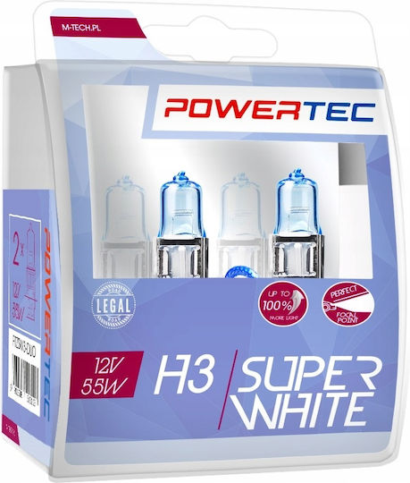 M-Tech Λάμπες Αυτοκινήτου & Μοτοσυκλέτας Powertec Superwhite H3 Αλογόνου 4000K 12V 55W 2τμχ
