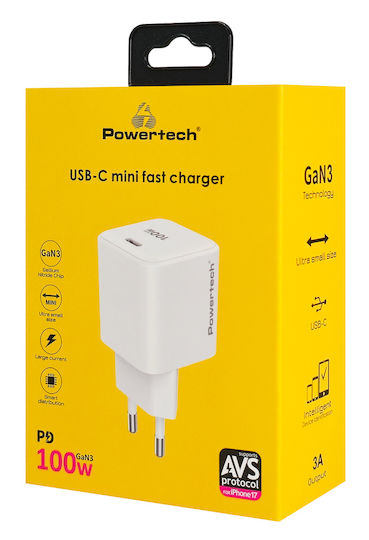 Powertech Charger Without Cable GaN with USB-C Port 100W Power Delivery White (PT-1612)