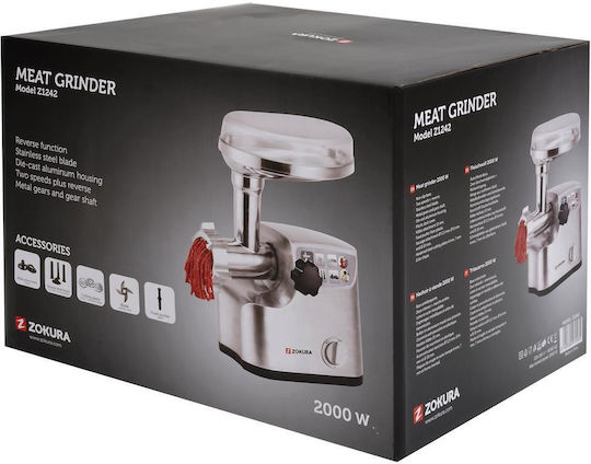 Zokura Z1242 Elektrischer Fleischwolf 2000 W 1,2 Kg Min Silber