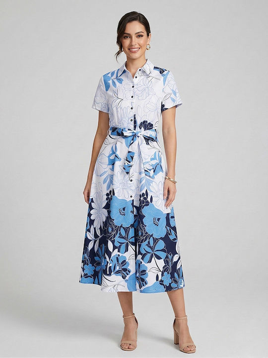 Summer Midi Shirt Dress Short Sleeve White/Blue