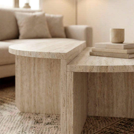 Στρογγυλό Κεντρικό Τραπεζάκι Aloeva Ξύλινο Travertine Μ90xΠ90xΥ37εκ.