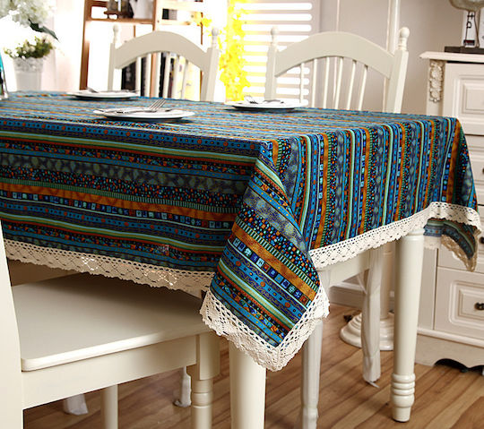 FRIPIA FRIPIA Leinen Tischtuch Mit Spitze Blau 140x200cm