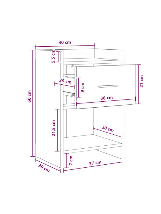 Metal Bedside Table With Black Glass Surface 40x36x60cm
