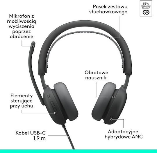 Logitech Zone Wired 2 On Ear Multimedia Headset With Microphone And USB-A / USB-C Connectivity In Grey Colour