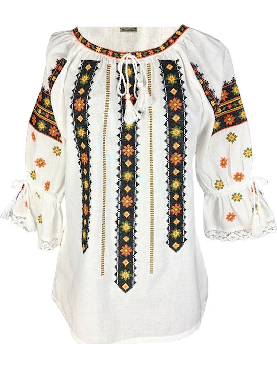 Bluza Damă Bumbac Mânecă Lungă Alb/Portocaliu